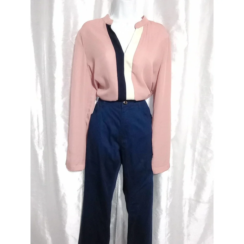 𝅺SWEET Rain Work BLOUSE Antique Rose Pink Navy Cream Top - Picture 8 of 8